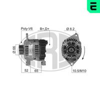 ERA 210338A - Tensión [V]: 14<br>Corriente de carga alternador [A]: 70<br>ID del modelo de conector: B+D+<br>poleas - Ø [mm]: 63<br>Poleas: con polea para correa poli V<br>Sentido de giro: Sentido de giro a la derecha (horario)<br>Cantidad de agujeros de fijación: 2<br>Número de canales: 6<br>Distancia de polea a alternador [mm]: 45<br>