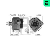 ERA 210353A - Tensión [V]: 14<br>Corriente de carga alternador [A]: 125<br>ID del modelo de conector: B+LDFM<br>poleas - Ø [mm]: 49<br>Poleas: con polea de rueda libre<br>Sentido de giro: Sentido de giro a la derecha (horario)<br>Cantidad de agujeros de fijación: 2<br>Número de canales: 6<br>Distancia de polea a alternador [mm]: 42<br>