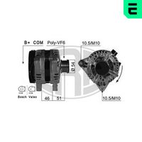 ERA 210420A - Tensión [V]: 14<br>Corriente de carga alternador [A]: 150<br>ID del modelo de conector: B+COM<br>poleas - Ø [mm]: 54<br>Poleas: con polea de rueda libre<br>Sentido de giro: Sentido de giro a la derecha (horario)<br>Cantidad de agujeros de fijación: 2<br>Número de canales: 6<br>Distancia de polea a alternador [mm]: 51<br>