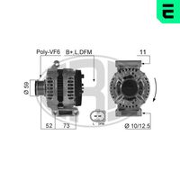 ERA 210421A - Tensión [V]: 14<br>Corriente de carga alternador [A]: 150<br>ID del modelo de conector: B+LDFM<br>poleas - Ø [mm]: 59<br>Poleas: con polea de rueda libre<br>Sentido de giro: Sentido de giro a la derecha (horario)<br>Cantidad de agujeros de fijación: 2<br>Número de canales: 6<br>Distancia de polea a alternador [mm]: 52<br>