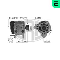 ERA 210496A - Tensión [V]: 14<br>Corriente de carga alternador [A]: 140<br>ID del modelo de conector: B+LDFM<br>poleas - Ø [mm]: 56<br>Poleas: con polea de rueda libre<br>Sentido de giro: Sentido de giro a la derecha (horario)<br>Cantidad de agujeros de fijación: 2<br>Número de canales: 6<br>Juego alternativo de reparación: 210469<br>Distancia de polea a alternador [mm]: 48<br>