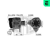 ERA 210497A - Tensión [V]: 14<br>Corriente de carga alternador [A]: 110<br>ID del modelo de conector: B+LDFM<br>poleas - Ø [mm]: 56<br>Poleas: con polea de rueda libre<br>Sentido de giro: Sentido de giro a la derecha (horario)<br>Cantidad de agujeros de fijación: 2<br>Número de canales: 6<br>Distancia de polea a alternador [mm]: 48<br>