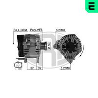 ERA 210504A - Tensión [V]: 14<br>Corriente de carga alternador [A]: 140<br>ID del modelo de conector: B+LDFM<br>poleas - Ø [mm]: 50<br>Poleas: con polea de rueda libre<br>Sentido de giro: Sentido de giro a la derecha (horario)<br>Cantidad de agujeros de fijación: 2<br>Número de canales: 6<br>Distancia de polea a alternador [mm]: 39<br>