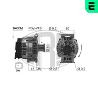 ERA 210519A - Tensión [V]: 14<br>Corriente de carga alternador [A]: 120<br>ID del modelo de conector: B+COM<br>poleas - Ø [mm]: 49<br>Poleas: con polea de rueda libre<br>Sentido de giro: Sentido de giro a la derecha (horario)<br>Cantidad de agujeros de fijación: 3<br>Número de canales: 6<br>Distancia de polea a alternador [mm]: 35<br>