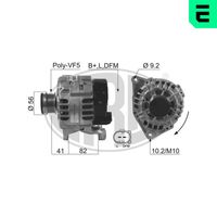 ERA 210524A - Tensión [V]: 14<br>Corriente de carga alternador [A]: 120<br>ID del modelo de conector: B+LDFM<br>poleas - Ø [mm]: 56<br>Poleas: con polea de rueda libre<br>Sentido de giro: Sentido de giro a la derecha (horario)<br>Cantidad de agujeros de fijación: 2<br>Número de canales: 5<br>Distancia de polea a alternador [mm]: 41<br>