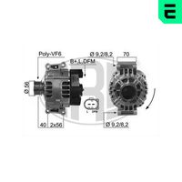 ERA 210525A - Tensión [V]: 14<br>Corriente de carga alternador [A]: 140<br>Restricción de fabricante: Valeo<br>ID del modelo de conector: B+LDFM<br>poleas - Ø [mm]: 56<br>Poleas: con polea de rueda libre<br>Sentido de giro: Sentido de giro a la derecha (horario)<br>Cantidad de agujeros de fijación: 2<br>Número de canales: 6<br>Distancia de polea a alternador [mm]: 40<br>