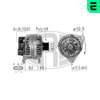 ERA 210594 - Tensión [V]: 28<br>Corriente de carga alternador [A]: 70<br>ID del modelo de conector: B+W,15,DFM,L,S<br>poleas - Ø [mm]: 55<br>Poleas: con polea para correa poli V<br>Sentido de giro: Sentido de giro a la derecha (horario)<br>Cantidad de agujeros de fijación: 2<br>Número de canales: 8<br>Distancia de polea a alternador [mm]: 49<br>