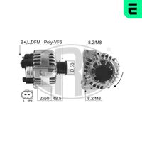 ERA 210597 - Tensión [V]: 14<br>Corriente de carga alternador [A]: 140<br>ID del modelo de conector: B+LDFM<br>poleas - Ø [mm]: 56<br>Poleas: con polea de rueda libre<br>Sentido de giro: Sentido de giro a la derecha (horario)<br>Cantidad de agujeros de fijación: 2<br>Número de canales: 6<br>Juego alternativo de reparación: 210469<br>Distancia de polea a alternador [mm]: 48<br>