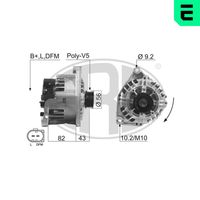 ERA 210602A - Tensión [V]: 14<br>Corriente de carga alternador [A]: 120<br>ID del modelo de conector: B+LDFM<br>poleas - Ø [mm]: 56<br>Poleas: con polea de rueda libre<br>Sentido de giro: Sentido de giro a la derecha (horario)<br>Cantidad de agujeros de fijación: 2<br>Número de canales: 5<br>Juego alternativo de reparación: 210524<br>Distancia de polea a alternador [mm]: 41<br>