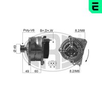 ERA 210621A - Tensión [V]: 14<br>Corriente de carga alternador [A]: 90<br>ID del modelo de conector: B+D+W<br>poleas - Ø [mm]: 50<br>Poleas: con polea para correa poli V<br>Sentido de giro: Sentido de giro a la derecha (horario)<br>Cantidad de agujeros de fijación: 2<br>Número de canales: 6<br>Juego alternativo de reparación: 210224<br>Distancia de polea a alternador [mm]: 49<br>