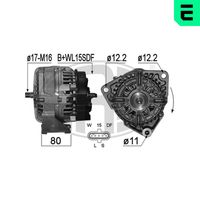 ERA 210630A - Tensión [V]: 28<br>Corriente de carga alternador [A]: 80<br>ID del modelo de conector: B+WL15SDF<br>Poleas: sin polea<br>Sentido de giro: Sentido de giro a la derecha (horario)<br>Cantidad de agujeros de fijación: 3<br>Rosca empalme: 17-M16<br>