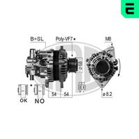 ERA 210656A - Modelo red de a bordo: para vehículos con red de a bordo 12V<br>Tensión [V]: 14<br>Corriente de carga alternador [A]: 105<br>Poleas: con polea de rueda libre<br>Número de nervaduras: 6<br>poleas - Ø [mm]: 65<br>Pinza: B+ M8<br>ID del modelo de conector: S / L<br>