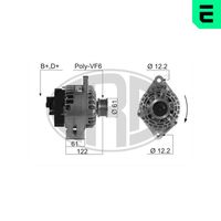 ERA 210665 - Tensión [V]: 14<br>Corriente de carga alternador [A]: 120<br>ID del modelo de conector: B+D+<br>poleas - Ø [mm]: 54<br>Poleas: con polea de rueda libre<br>Sentido de giro: Sentido de giro a la derecha (horario)<br>Cantidad de agujeros de fijación: 2<br>Número de canales: 6<br>Nº art. de accesorio recomendado: ZN5730<br>Distancia de polea a alternador [mm]: 61<br>