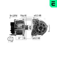 ERA 210699 - Tensión [V]: 14<br>Corriente de carga alternador [A]: 110<br>ID del modelo de conector: B+LDFM<br>poleas - Ø [mm]: 49<br>Poleas: con polea para correa poli V<br>Sentido de giro: Sentido de giro a la derecha (horario)<br>Cantidad de agujeros de fijación: 2<br>Número de canales: 6<br>Juego alternativo de reparación: 210544<br>Distancia de polea a alternador [mm]: 38,5<br>