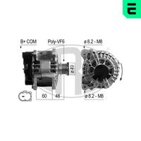 ERA 210706 - Tensión [V]: 14<br>Corriente de carga alternador [A]: 140<br>ID del modelo de conector: B+COM<br>poleas - Ø [mm]: 49<br>Poleas: con polea de rueda libre<br>Sentido de giro: Sentido de giro a la derecha (horario)<br>Cantidad de agujeros de fijación: 2<br>Número de canales: 6<br>Juego alternativo de reparación: 209287<br>Distancia de polea a alternador [mm]: 48<br>