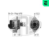 ERA 210720A - Tensión [V]: 14<br>Corriente de carga alternador [A]: 120<br>ID del modelo de conector: B+D+<br>poleas - Ø [mm]: 54<br>Equipamiento de vehículo: para vehículos con sistema Start&Stop<br>Poleas: con polea de rueda libre<br>Sentido de giro: Sentido de giro a la derecha (horario)<br>Cantidad de agujeros de fijación: 2<br>Número de canales: 6<br>Nº art. de accesorio recomendado: ZN5730<br>Distancia de polea a alternador [mm]: 61<br>