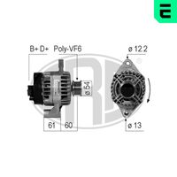 ERA 210747A - Tensión [V]: 14<br>Corriente de carga alternador [A]: 100<br>ID del modelo de conector: B+D+<br>poleas - Ø [mm]: 54<br>Poleas: con polea de rueda libre<br>Sentido de giro: Sentido de giro a la derecha (horario)<br>Cantidad de agujeros de fijación: 2<br>Número de canales: 6<br>Distancia de polea a alternador [mm]: 60<br>