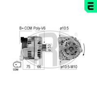 ERA 210771A - Tensión [V]: 14<br>Corriente de carga alternador [A]: 180<br>ID del modelo de conector: B+COM<br>poleas - Ø [mm]: 53<br>Poleas: con polea para correa poli V<br>Sentido de giro: Sentido de giro a la derecha (horario)<br>Cantidad de agujeros de fijación: 2<br>Número de canales: 6<br>Distancia de polea a alternador [mm]: 66<br>