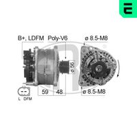 ERA 210823A - Tensión [V]: 14<br>Corriente de carga alternador [A]: 90<br>ID del modelo de conector: B+,L,DFM<br>poleas - Ø [mm]: 56<br>Poleas: con polea de rueda libre<br>Sentido de giro: Sentido de giro a la derecha (horario)<br>Cantidad de agujeros de fijación: 2<br>Número de canales: 6<br>Juego alternativo de reparación: 210597<br>Distancia de polea a alternador [mm]: 48,5<br>