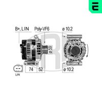 ERA 210835A - Tensión [V]: 14<br>Corriente de carga alternador [A]: 150<br>ID del modelo de conector: B+LIN<br>poleas - Ø [mm]: 59<br>Poleas: con polea de rueda libre<br>Sentido de giro: Sentido de giro a la derecha (horario)<br>Cantidad de agujeros de fijación: 2<br>Número de canales: 6<br>Distancia de polea a alternador [mm]: 52<br>