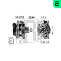 ERA 210842A - Tensión [V]: 14<br>Corriente de carga alternador [A]: 100<br>ID del modelo de conector: B+IGLRLM<br>poleas - Ø [mm]: 58<br>Poleas: con polea de rueda libre<br>Sentido de giro: Sentido de giro a la derecha (horario)<br>Cantidad de agujeros de fijación: 3<br>Número de canales: 7<br>Distancia de polea a alternador [mm]: 35<br>