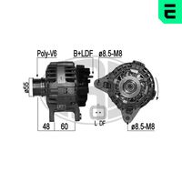 ERA 210856 - Tensión [V]: 14<br>Corriente de carga alternador [A]: 90<br>ID del modelo de conector: B+LDF<br>poleas - Ø [mm]: 55<br>Poleas: con polea de rueda libre<br>Sentido de giro: Sentido de giro a la derecha (horario)<br>Cantidad de agujeros de fijación: 2<br>Número de canales: 6<br>Juego alternativo de reparación: 209035<br>Distancia de polea a alternador [mm]: 47,5<br>