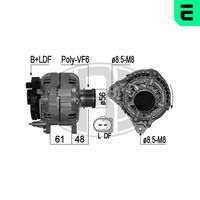 ERA 210944A - Tensión [V]: 14<br>Corriente de carga alternador [A]: 90<br>ID del modelo de conector: B+,L,DFM<br>poleas - Ø [mm]: 56<br>Poleas: con polea de rueda libre<br>Sentido de giro: Sentido de giro a la derecha (horario)<br>Cantidad de agujeros de fijación: 2<br>Número de canales: 6<br>Juego alternativo de reparación: 210597<br>Distancia de polea a alternador [mm]: 48,5<br>