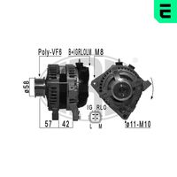 ERA 210979A - Tensión [V]: 14<br>Corriente de carga alternador [A]: 100<br>ID del modelo de conector: B+IGSLM<br>poleas - Ø [mm]: 62<br>Poleas: con polea de rueda libre<br>Sentido de giro: Sentido de giro a la derecha (horario)<br>Cantidad de agujeros de fijación: 3<br>Número de canales: 6<br>Distancia de polea a alternador [mm]: 40<br>