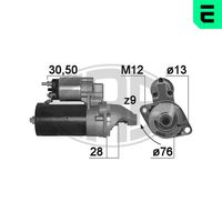 ERA 220133A - año construcción hasta: 12/1996<br>Tensión [V]: 12<br>Potencia nominal [kW]: 1,4<br>Cantidad de agujeros de fijación: 2<br>Cant. taladros roscados: 1<br>Diámetro de brida [mm]: 76<br>Sentido de giro: Sentido de giro a la derecha (horario)<br>Número de dientes: 9<br>Pinza: B+ M8<br>Pinza: Exc 6,35<br>