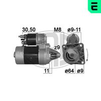 ERA 220182A - Tensión [V]: 12<br>Potencia nominal [kW]: 0,8<br>ID del modelo de conector: 30-50<br>Sentido de giro: Sentido de giro a la derecha (horario)<br>Diámetro de brida [mm]: 65<br>Cantidad de agujeros de fijación: 3<br>Nº de dientes 1: 8<br>Nº de dientes 2: 9<br>Posición básica piñón [mm]: 11<br>Número de dientes 3: 10<br>