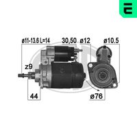 ERA 220357A - Tensión [V]: 12<br>Potencia nominal [kW]: 0,8<br>ID del modelo de conector: 30,50<br>Sentido de giro: Sentido de giro a la izquierda (antihorario)<br>Diámetro de brida [mm]: 76<br>Cantidad de agujeros de fijación: 2<br>Posición básica piñón [mm]: 43,5<br>