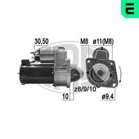 ERA 220360A - Tensión [V]: 12<br>Potencia nominal [kW]: 0,9<br>Número de dientes: 9<br>ID del modelo de conector: 30-50<br>Sentido de giro: Sentido de giro a la derecha (horario)<br>Diámetro de brida [mm]: 64<br>Cantidad de agujeros de fijación: 3<br>Posición básica piñón [mm]: 11<br>