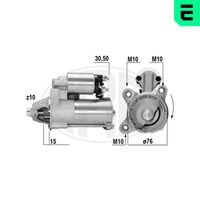 ERA 220413A - Tensión [V]: 12<br>Potencia nominal [kW]: 1,4<br>Número de dientes: 10<br>ID del modelo de conector: 30-50<br>Sentido de giro: Sentido de giro a la derecha (horario)<br>Diámetro de brida [mm]: 76<br>Cantidad de agujeros de fijación: 3<br>Posición básica piñón [mm]: 15<br>