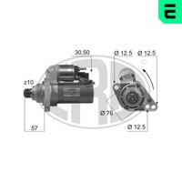 ERA 220467 - Tensión [V]: 12<br>Potencia nominal [kW]: 1<br>Cantidad de agujeros de fijación: 3<br>Diámetro de brida [mm]: 76<br>Sentido de giro: Sentido de giro a la izquierda (antihorario)<br>Número de dientes: 10<br>Pinza: B+ M8<br>Pinza: Exc Plug<br>