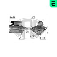 ERA 220637A - Tensión [V]: 12<br>Potencia nominal [kW]: 1<br>Número de dientes: 9<br>ID del modelo de conector: 30-50<br>Sentido de giro: Sentido de giro a la derecha (horario)<br>Diámetro de brida [mm]: 74<br>Cantidad de agujeros de fijación: 2<br>Posición básica piñón [mm]: 24<br>