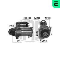 ERA 220843 - Tensión [V]: 12<br>Potencia nominal [kW]: 1,8<br>Número de dientes: 10<br>ID del modelo de conector: 30-50<br>Sentido de giro: Sentido de giro a la derecha (horario)<br>Diámetro de brida [mm]: 76<br>Cantidad de agujeros de fijación: 2<br>Posición básica piñón [mm]: 26<br>