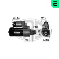 ERA 220872 - Tensión [V]: 12<br>Potencia nominal [kW]: 1,7<br>Cantidad de agujeros de fijación: 2<br>Cant. taladros roscados: 2<br>Diámetro de brida [mm]: 60<br>Sentido de giro: Sentido de giro a la derecha (horario)<br>Número de dientes: 10<br>Pinza: B+ M8<br>Pinza: Exc M6<br>