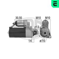 ERA 220941A - Tensión [V]: 12<br>Potencia nominal [kW]: 2,5<br>Número de dientes: 13<br>ID del modelo de conector: 30-50<br>Sentido de giro: Sentido de giro a la derecha (horario)<br>Diámetro de brida [mm]: 70<br>Cantidad de agujeros de fijación: 2<br>Posición básica piñón [mm]: 16<br>