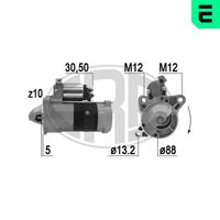 ERA 220945A - Tensión [V]: 12<br>Potencia nominal [kW]: 2,2<br>Cantidad de agujeros de fijación: 3<br>Cant. taladros roscados: 2<br>Diámetro de brida [mm]: 88<br>Sentido de giro: Sentido de giro a la derecha (horario)<br>Número de dientes: 10<br>Pinza: B+ M8<br>Pinza: Exc 6,35<br>para OE N°: RF1H-18-400<br>