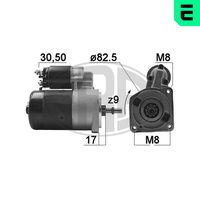 ERA 220956A - Tensión [V]: 12<br>Potencia nominal [kW]: 1,1<br>Número de dientes: 9<br>ID del modelo de conector: 30-50<br>Sentido de giro: Sentido de giro a la derecha (horario)<br>Diámetro de brida [mm]: 83<br>Cantidad de agujeros de fijación: 2<br>Posición básica piñón [mm]: 13<br>