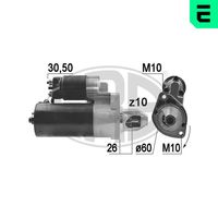 ERA 220976A - Tensión [V]: 12<br>Potencia nominal [kW]: 1,7<br>Número de dientes: 10<br>ID del modelo de conector: 30-50<br>Pinza: B+ (M8)<br>Sentido de giro: Sentido de giro a la derecha (horario)<br>Diámetro de brida [mm]: 60<br>Cantidad de agujeros de fijación: 2<br>Juego alternativo de reparación: 220951<br>Posición básica piñón [mm]: 26<br>