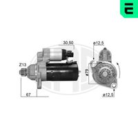 ERA 221048 - Tensión [V]: 12<br>Potencia nominal [kW]: 2<br>Número de dientes: 13<br>ID del modelo de conector: 30-50<br>Sentido de giro: Sentido de giro a la izquierda (antihorario)<br>Diámetro de brida [mm]: 79<br>Cantidad de agujeros de fijación: 2<br>Posición básica piñón [mm]: 42<br>