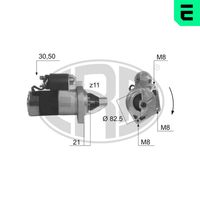 ERA 220079A - Tensión [V]: 12<br>Potencia nominal [kW]: 1,3<br>Cantidad de agujeros de fijación: 3<br>Cant. taladros roscados: 3<br>Diámetro de brida [mm]: 82<br>Sentido de giro: Sentido de giro a la derecha (horario)<br>Número de dientes: 11<br>Pinza: B+ M8<br>Pinza: Exc 6,35<br>