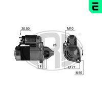 ERA 220383A - Clase de caja de cambios: Transmisión automática<br>Tensión [V]: 12<br>Potencia nominal [kW]: 1,2<br>Cantidad de agujeros de fijación: 2<br>Cant. taladros roscados: 2<br>Diámetro de brida [mm]: 77<br>Sentido de giro: Sentido de giro a la derecha (horario)<br>Número de dientes: 8<br>Pinza: B+ M8<br>Pinza: Exc 6,35<br>