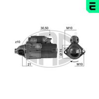 ERA 220443A - Tensión [V]: 12<br>Potencia nominal [kW]: 1,6<br>Número de dientes: 10<br>ID del modelo de conector: 30-50<br>Sentido de giro: Sentido de giro a la derecha (horario)<br>Diámetro de brida [mm]: 74<br>Cantidad de agujeros de fijación: 2<br>Posición básica piñón [mm]: 21<br>