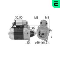 ERA 220943A - año construcción desde: 06/1982<br>Tensión [V]: 12<br>Potencia nominal [kW]: 1<br>Cantidad de agujeros de fijación: 3<br>Cant. taladros roscados: 2<br>Sentido de giro: Sentido de giro a la derecha (horario)<br>Número de dientes: 9<br>Pinza: B+ M8<br>Pinza: Exc 6,35<br>