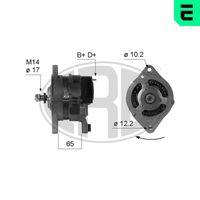 ERA 210248A - Modelo red de a bordo: para vehículos con red de a bordo 12V<br>Tensión [V]: 14<br>Corriente de carga alternador [A]: 50<br>Poleas: para polea de correatrapecial<br>Número de nervaduras: 1<br>poleas - Ø [mm]: 63<br>Pinza: B+ M6<br>Pinza: D+ 6,35<br>Pinza: B- M5<br>