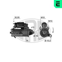 ERA 220414A - Tensión [V]: 12<br>Potencia nominal [kW]: 1,4<br>Número de dientes: 10<br>ID del modelo de conector: 30-50<br>Pinza: M8<br>Pinza: Pin "50" M6<br>Sentido de giro: Sentido de giro a la derecha (horario)<br>Diámetro de brida [mm]: 76<br>Cant. taladros roscados: 2<br>Cantidad de agujeros de fijación: 3<br>Posición básica piñón [mm]: 14<br>