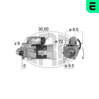 ERA 220031A - Tensión [V]: 12<br>Potencia nominal [kW]: 2,2<br>Cantidad de agujeros de fijación: 3<br>Diámetro de brida [mm]: 72<br>Sentido de giro: Sentido de giro a la derecha (horario)<br>Número de dientes: 9<br>Pinza: B+ M8<br>Pinza: Exc M5<br>