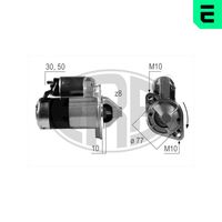 ERA 220503A - Tensión [V]: 12<br>Potencia nominal [kW]: 1,2<br>Número de dientes: 8<br>ID del modelo de conector: 30-50<br>Sentido de giro: Sentido de giro a la derecha (horario)<br>Diámetro de brida [mm]: 77<br>Cantidad de agujeros de fijación: 2<br>Juego alternativo de reparación: 220383<br>Posición básica piñón [mm]: 17<br>